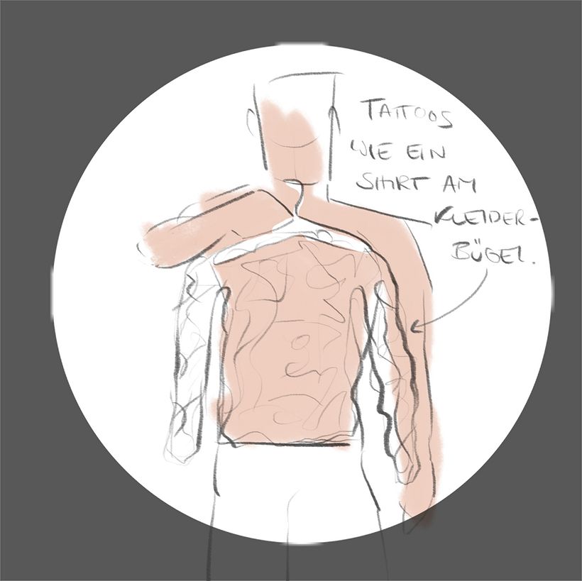 The winning idea: Tattoos like a shirt on a coat hanger. I like things to stand out of the frame, see final sketch.