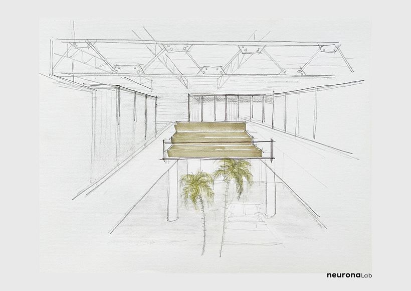 Sketch of the opening in the slab to illuminate the lower floor. The suspended steps are particularly noticeable.