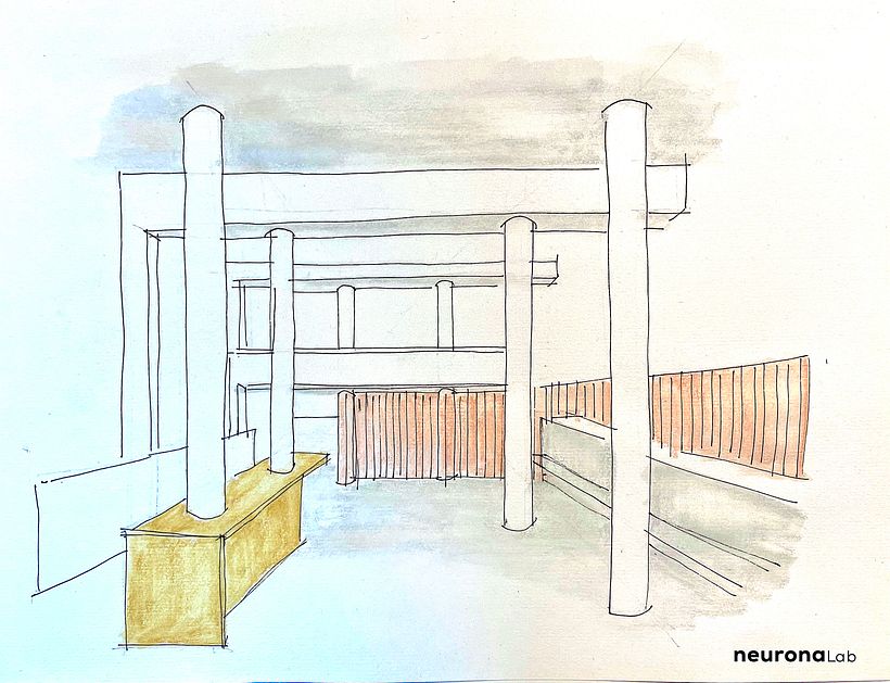 Sketch of the entrance hall. The project's materials and tones are evident.