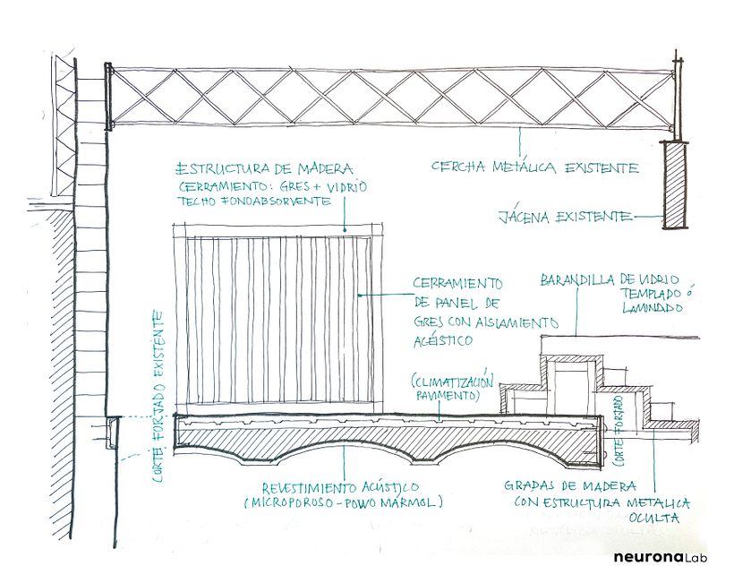 Sketch of the assembly boxes and the openings in the slab to illuminate the lower floor.