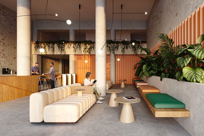 Entrance hall to the coworking space. Access level.