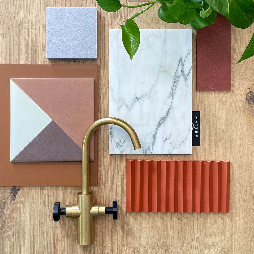 Moodboard. A palette of solutions for the general space and bathrooms.