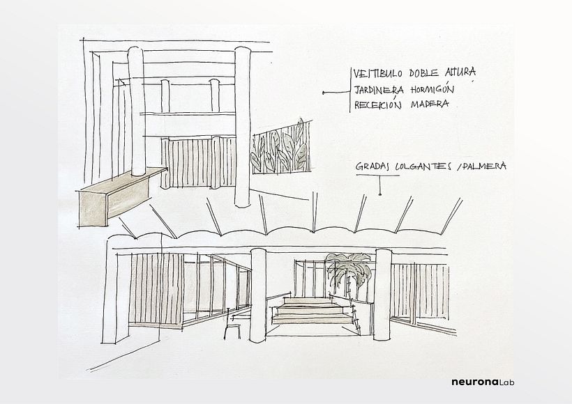 Sketch of the entrance hall and atrium with the suspended steps. 
