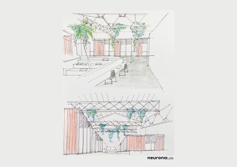 Sketch of the space. Proposed colors and vegetation.