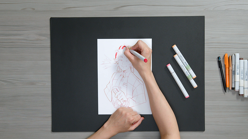 First create the darkest areas with felt-tip pens
