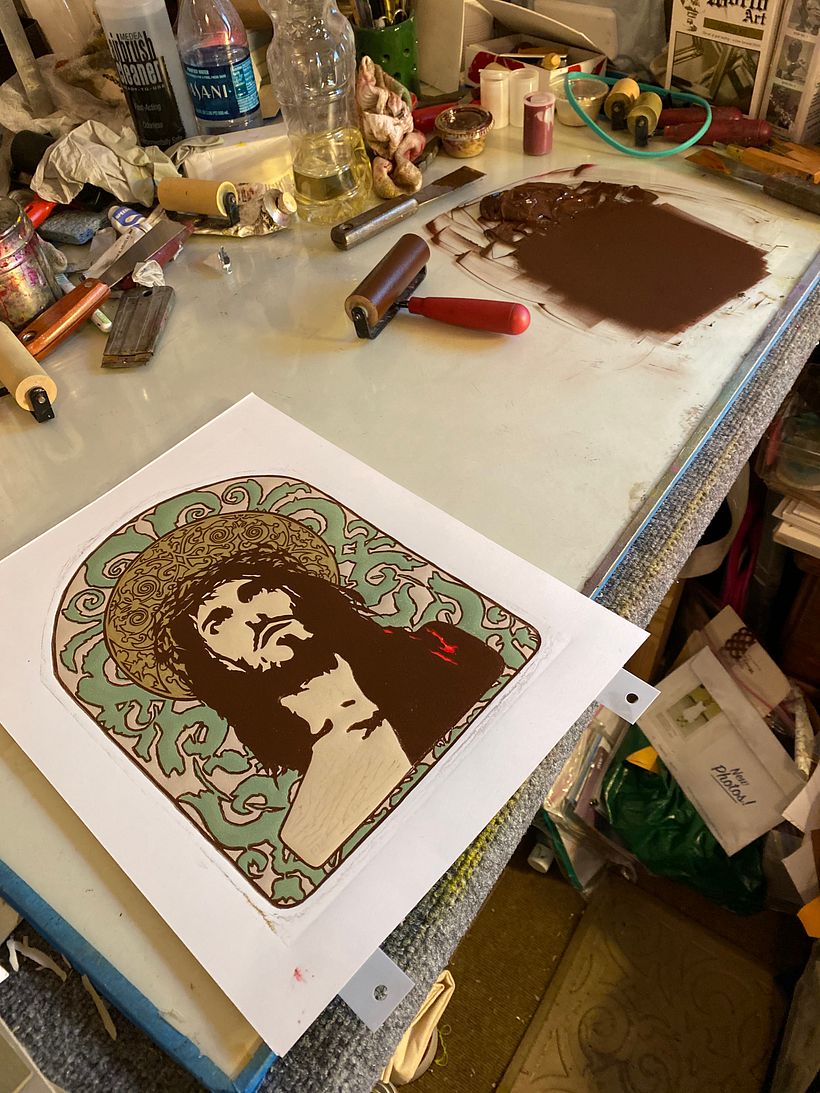 "It is Finished" by Susan Unoura, Printmaking. Inspiration from Mucha