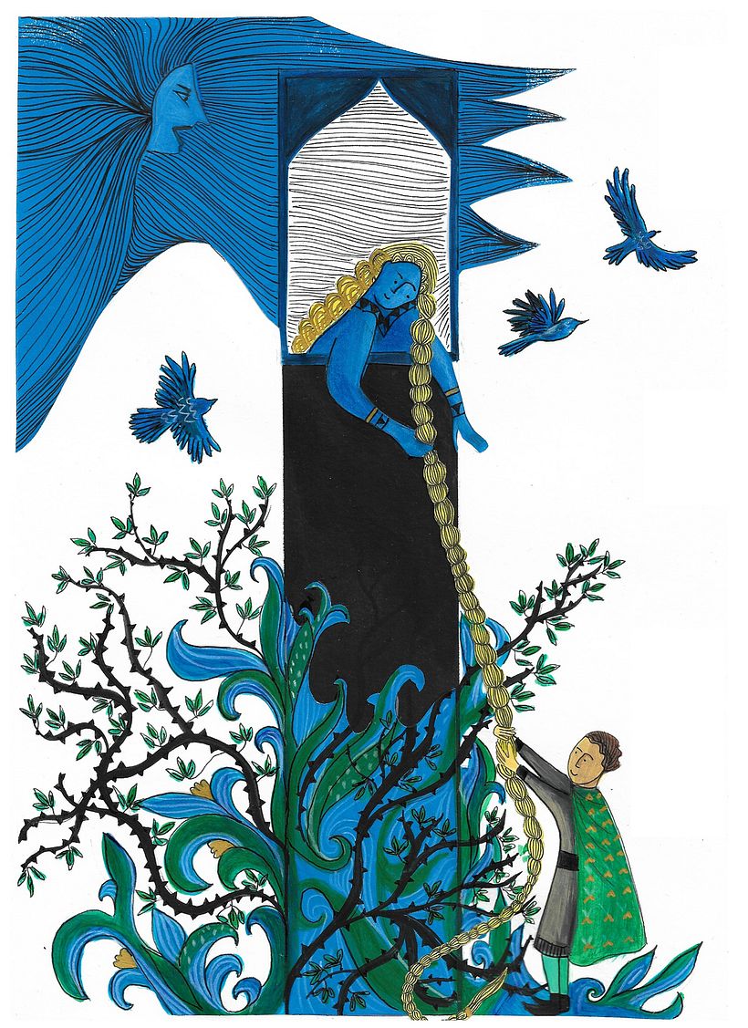 Le fils du roi vint et appela: "Raiponce, Raiponce déroule tes cheveux pour que je monte."