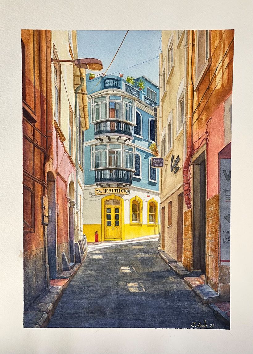 "The Health Shop". Acuarela sobre papel. 51 x 36cm.  1