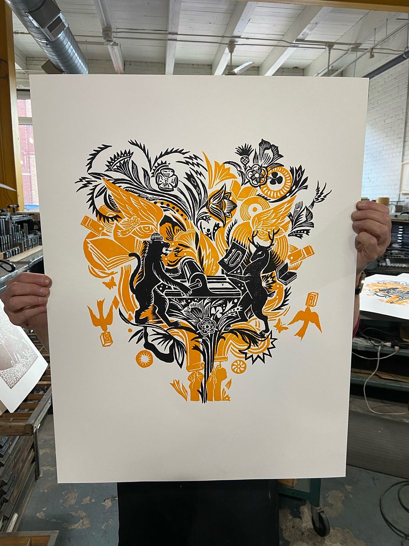 Digital and Woodcut Illustrated poster for Signal Return Printshop in Detroit.  - Ilustración tradicional