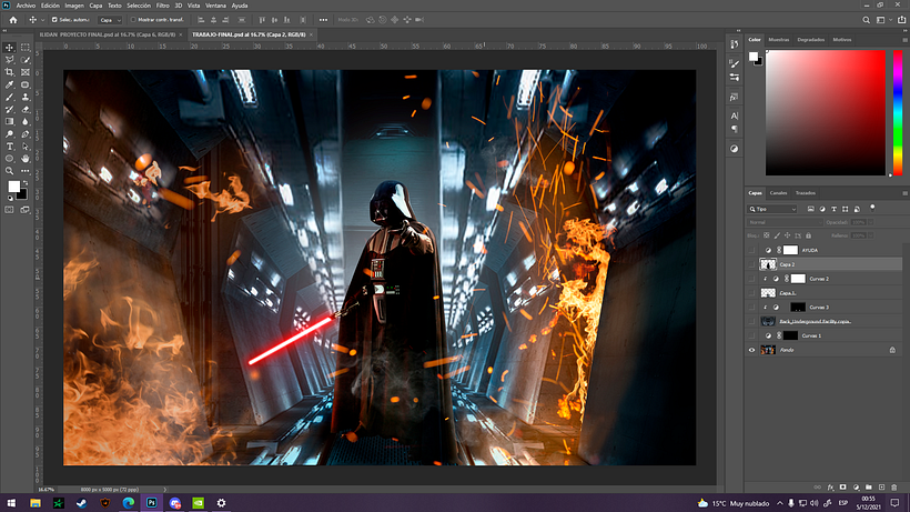 Vista en Photoshop de la Practica del Curso, Tuve un problema, logre exportar mi trabajo pero no se guardo el PSD 
