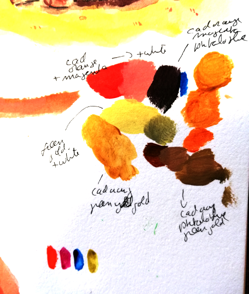 The palette I chose, based on cadmium orange, quinacridone magenta, phtalo blue, green gold (acrylics)