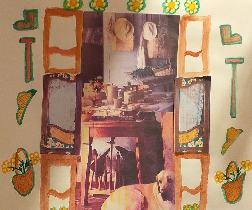 I see a dog waiting to be taken for a walk. Symbolism: hat, boots, walking stick and flowers.