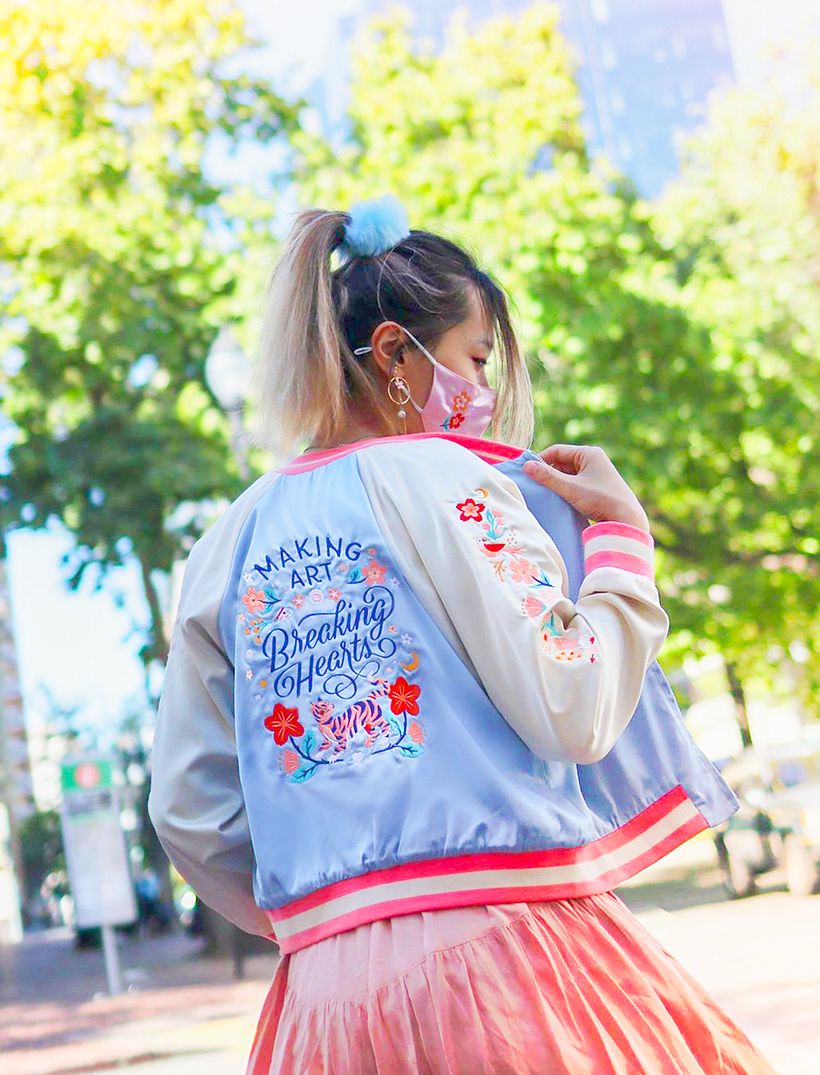 Making Art, Breaking Hearts satin bomber jacket 1