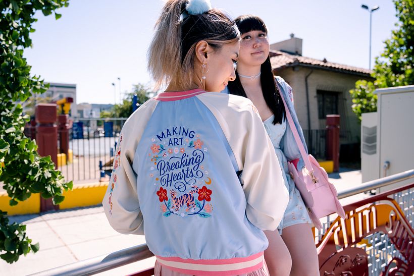 Making Art, Breaking Hearts satin bomber jacket 4