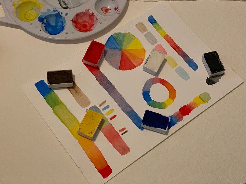 Italia Umber, Alizarin Crimson, Kaolin Clay, Flame Black, Monte Carlo Blue, Bright Yellow