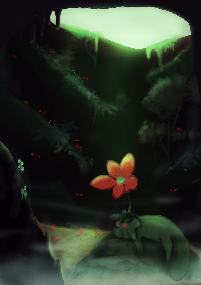 Horror: the flower red to signify something dangerous. I make the image dark and add fog to make so it feels obscure.