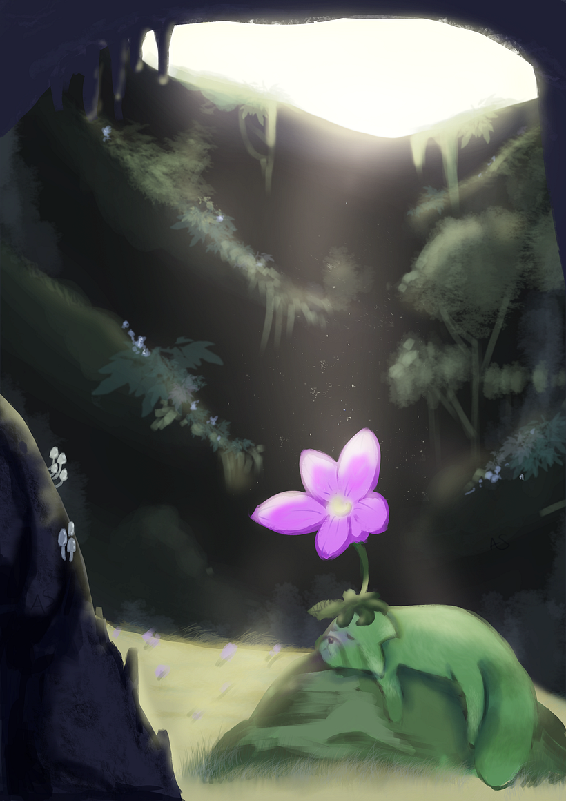 Happy/ Calm: I decided to only make the flower stands out. I used green on the creature to make him blends in with the rock.