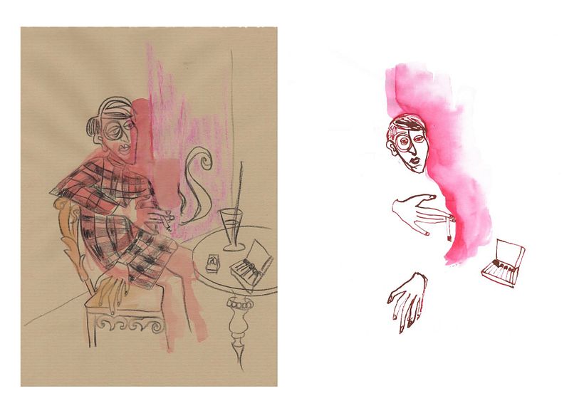 A gauche, pastel gras, aquarelle et crayon noir / à droite, fluidine carmin au calame et pinceau