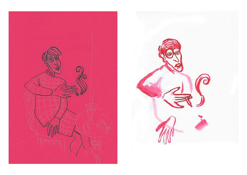 A gauche, crayon blanc et stylo feutre / à droite, fluidine carmin au pinceau