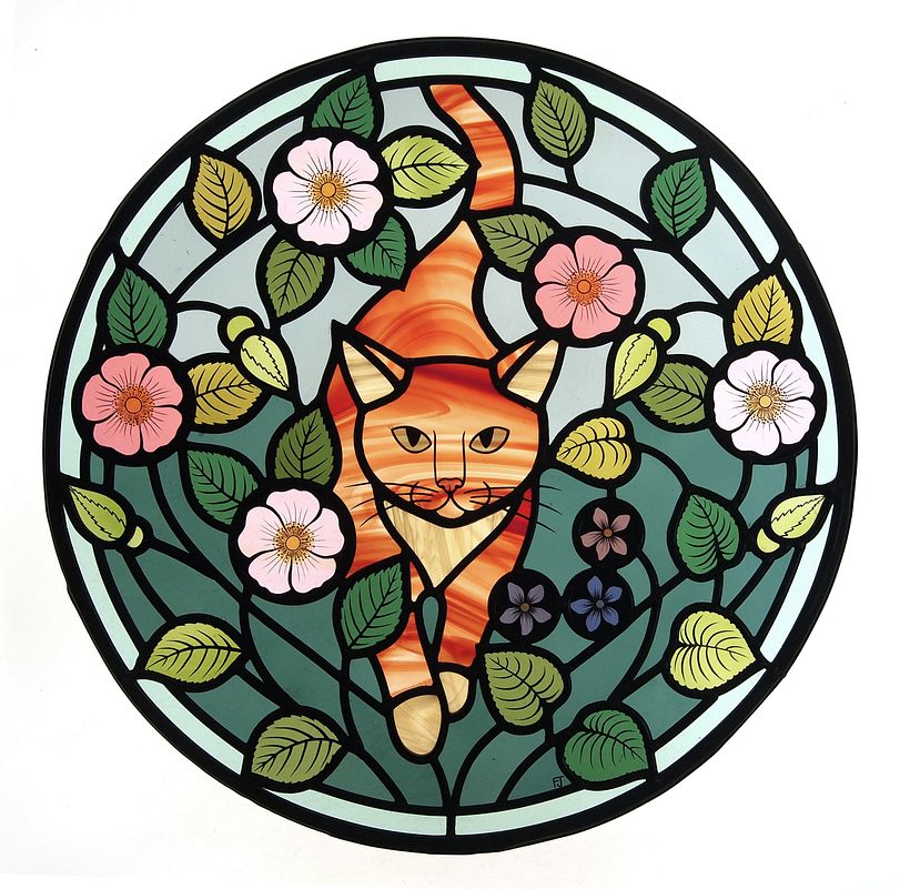 Ginger Cat and Wild Roses Circular Stained Glass Window 2
