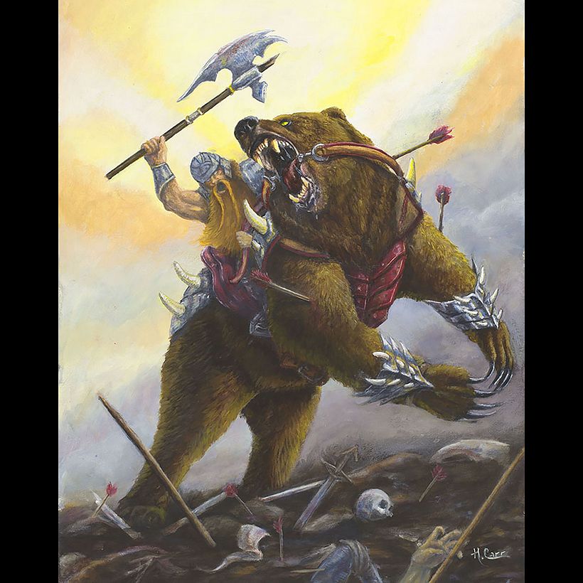 A might dwarf wades deeper into battle on his enraged and arrow shot mount. (Oil on Board 9"x12")