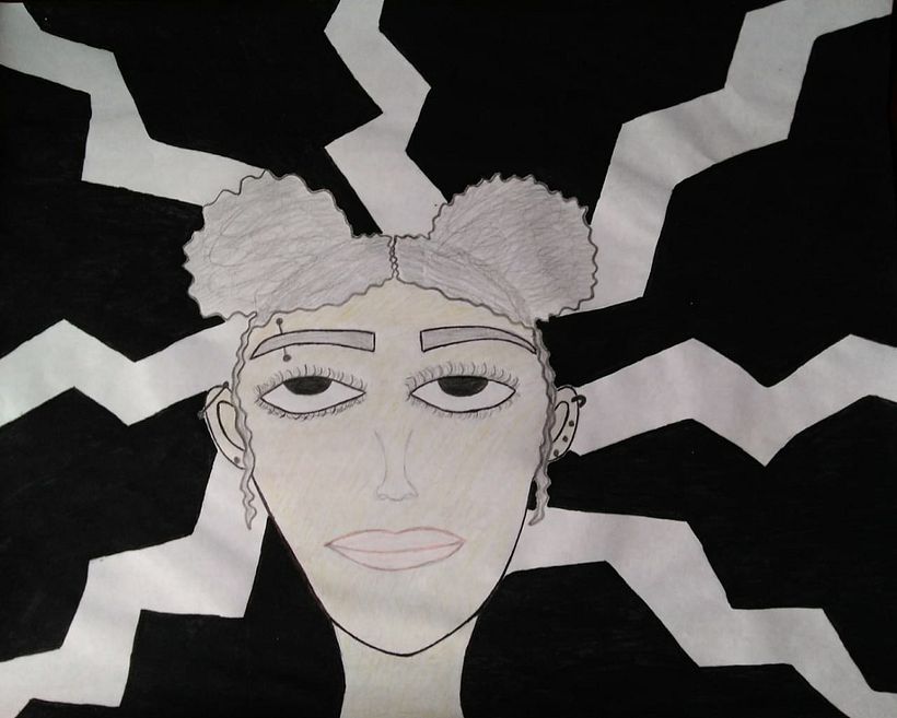 Esse é o desenho finalizado. (O rosto foi pintado de lápis de cor e o fundo preto foi com tinta guache.)