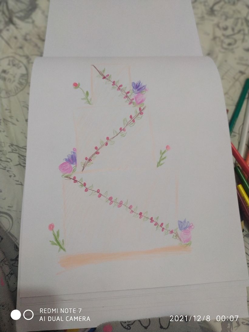 Boceto con color  color fondo fondo durazno , bayas guinda , violeta y malva el malva rosas el violeta orquídeas y enredadera
