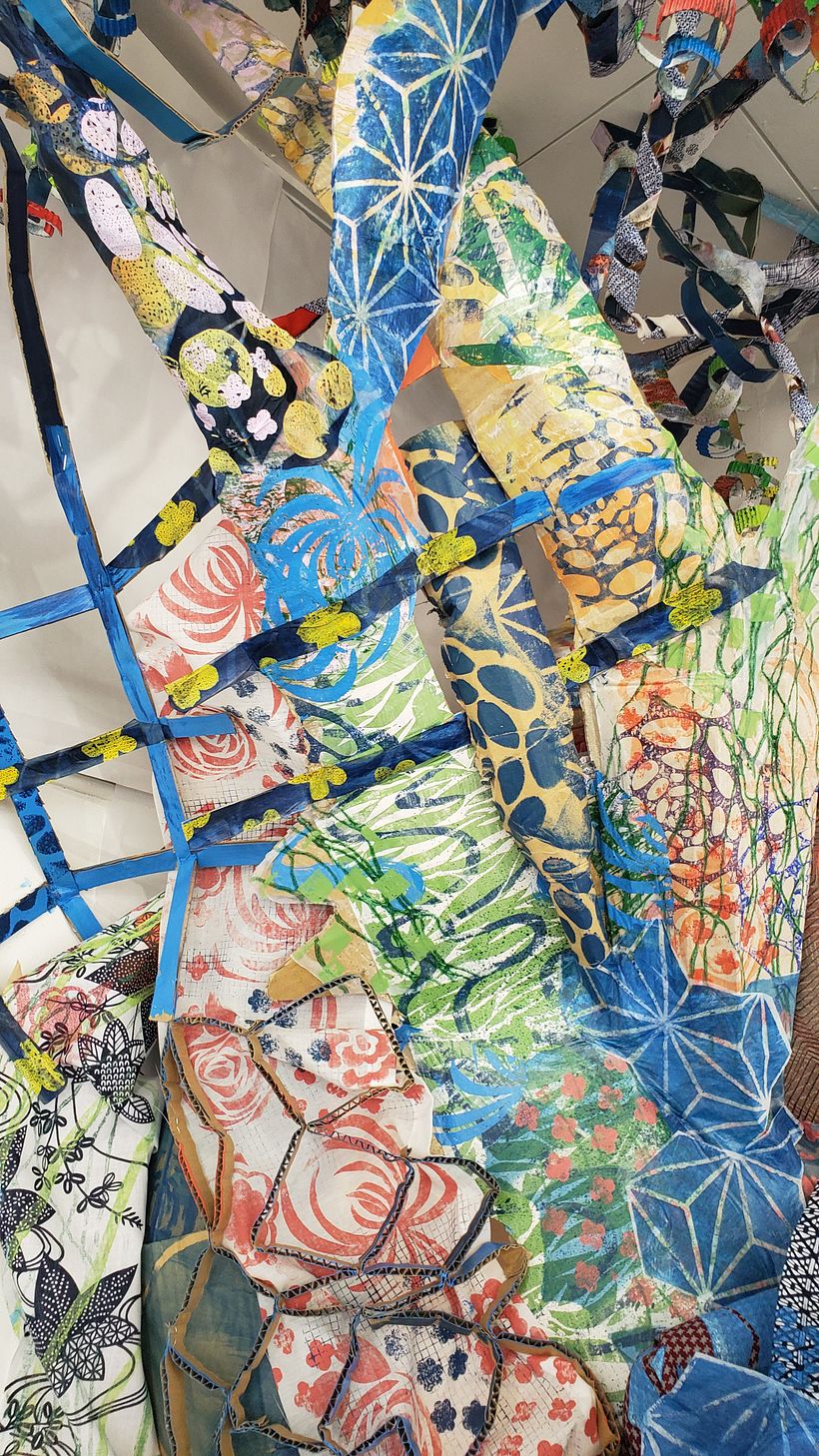 Growing Kansha (appreciation), block printed and hand painted paper, cardboard and fabric. 3