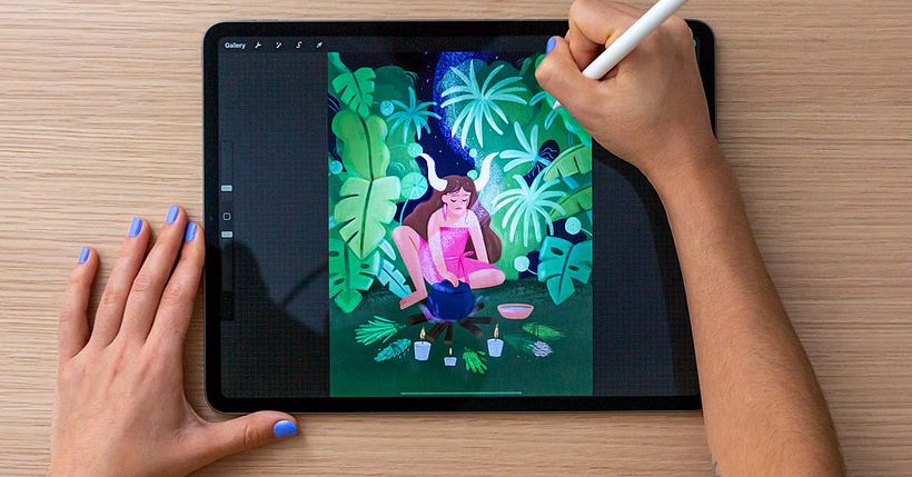 Juanita uses customized brushes to build richly detailed illustrations.