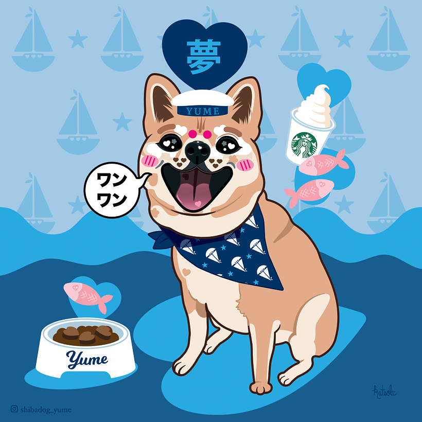 Yume Japanese Sailor Portrait with her favorite Salmon snacks and Puppuccino.