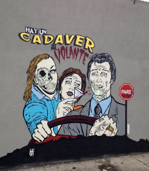 'Cadaver al volante' obra creada por Lesivo en 2014 en Bogotá, Colombia.