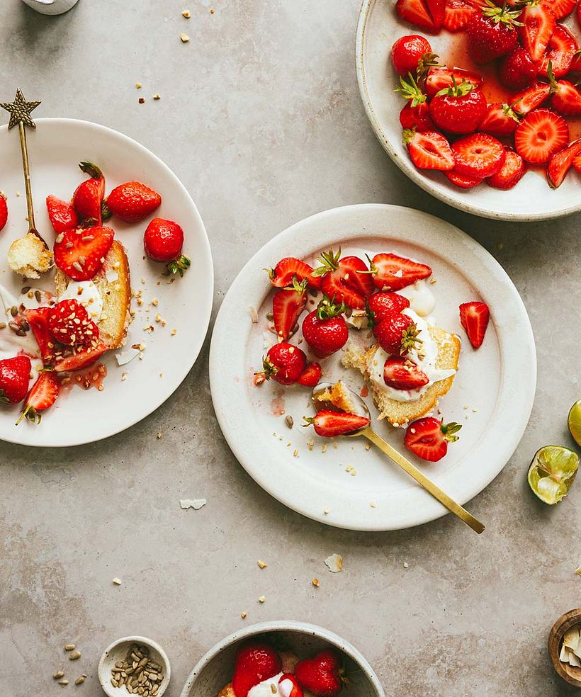 The red of these strawberries is so vibrant, they really pop from the creamy-hued background.