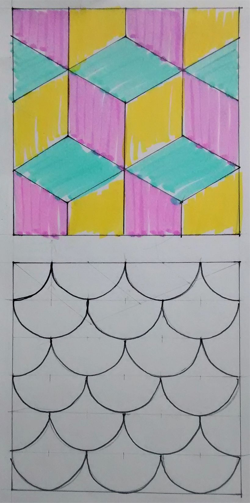 Diseños para práctica en papel, trazado con lápiz y rotulado con micropunta de tinta.