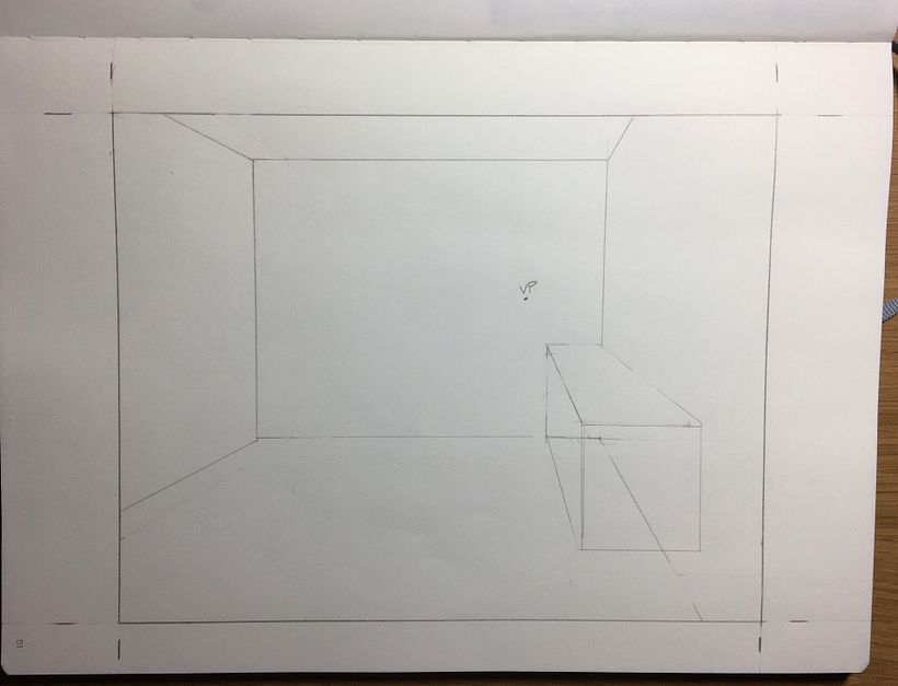 Initial sketch of drawing size, vanishing point and room edges.