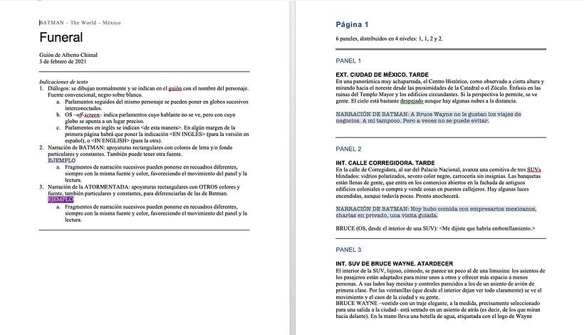 Indicaciones generales y página 1 del guión de "Funeral".