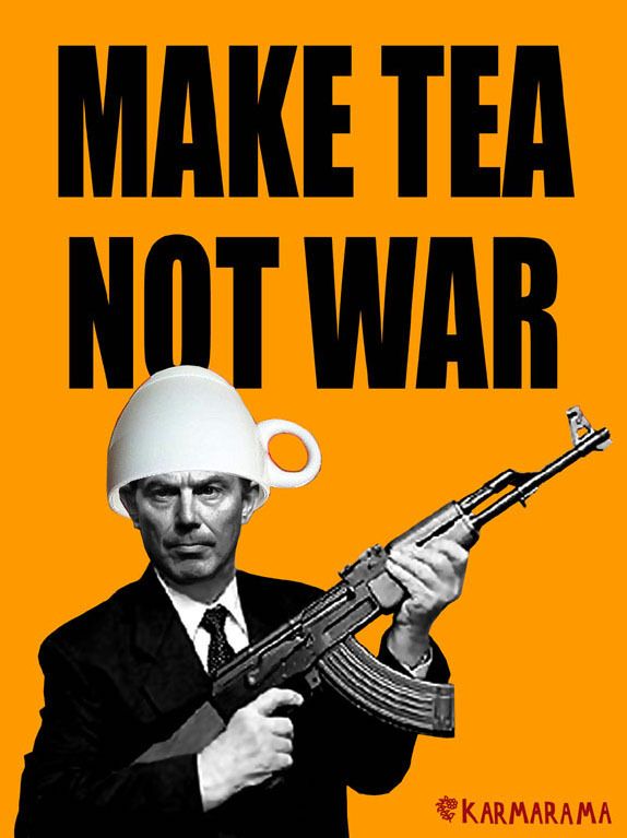 "Make Tea Not War" Anti-war March poster, 2003, by Dave Buonaguidi 