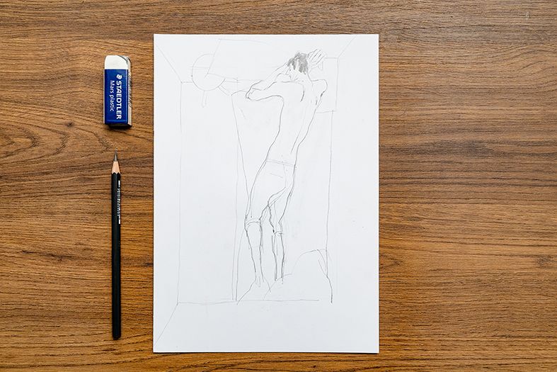 Empecé mi proyecto encajando el dibujo en el papel. Analicé los aspectos compositivos de mi fotografía de referencia 