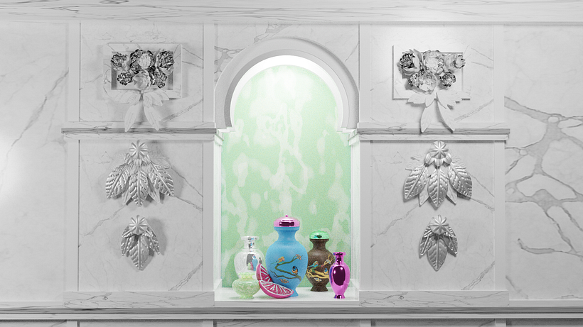 Blender 3D marble wall niche with vase arrangement