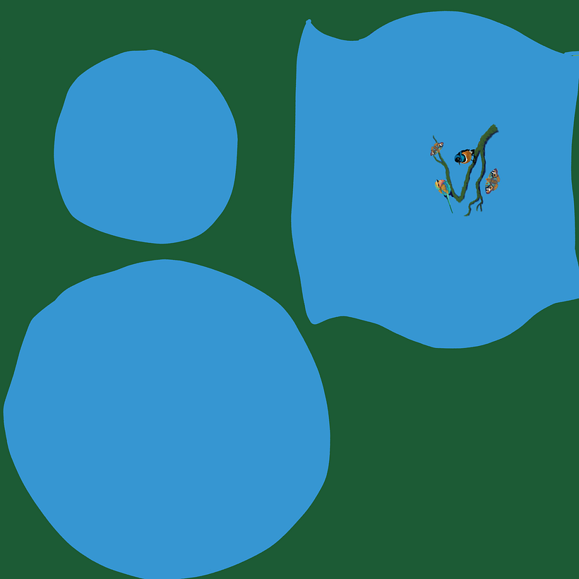 The painting of birds and moths in position to be wrapped around 3D vase object in Blender