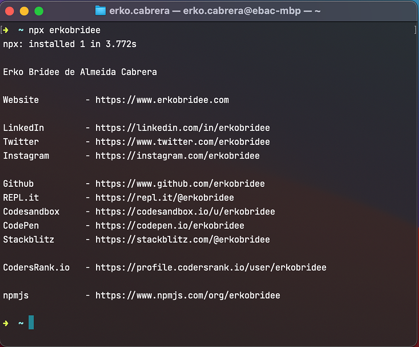CLI : `npx erkobridee`