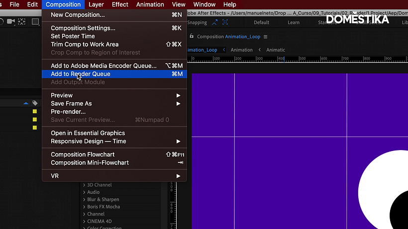 Clique em Composition > Add to Render Queue para começar a renderização