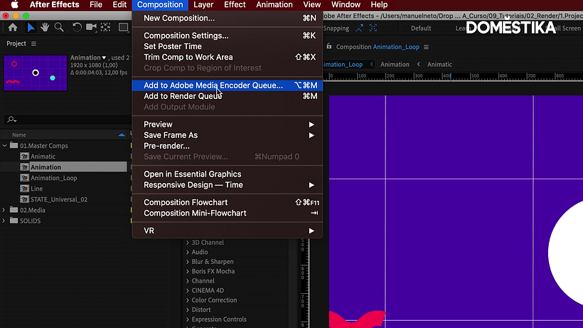 Clique em Composition > Add to Adobe Media Enconder Queue para renderizar