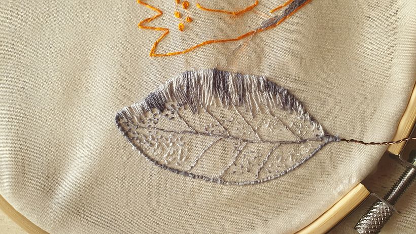 3D Stump work still on embroidery hoop 
