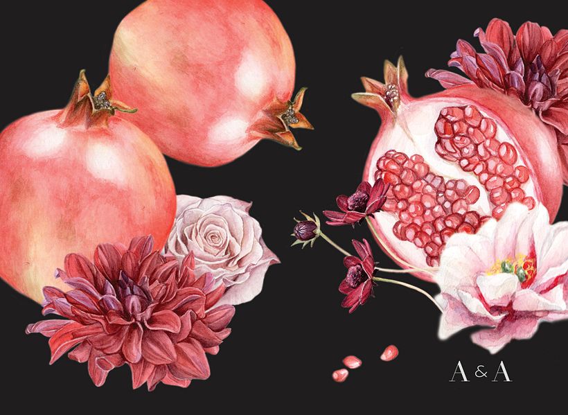 Pomegranates, mauve roses, dahlias and chocolate cosmos!