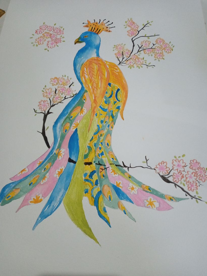Aquarela Pavão Japonês para criação de estampa inspirado na   gravura japonesa A Cortesã Misado de Eizan (1787-1867)