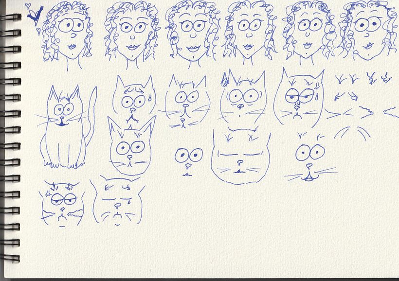 Develop a self-portrait as well as my cat in comic-style. Different perspective & emotions (several attempts).