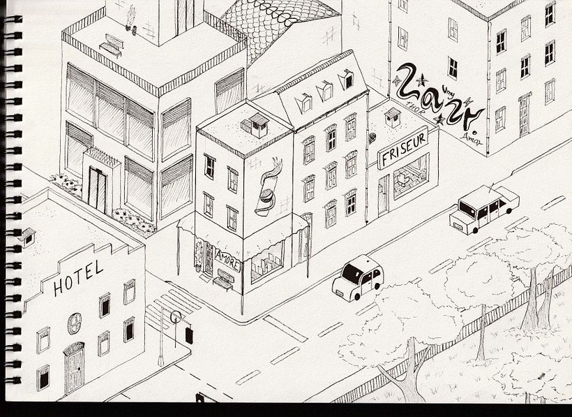 City scene in isometric perspective.