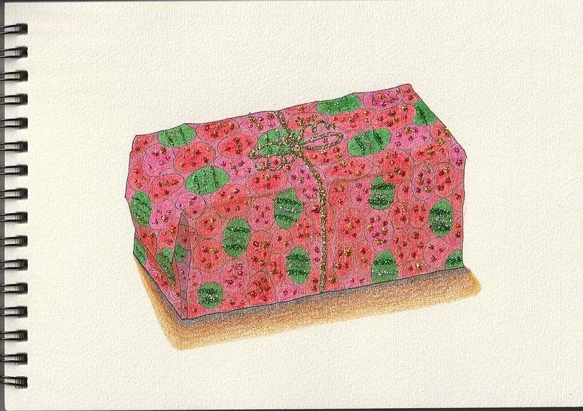 Illustration of a Christmas present (coloured pencils, glitter). 
