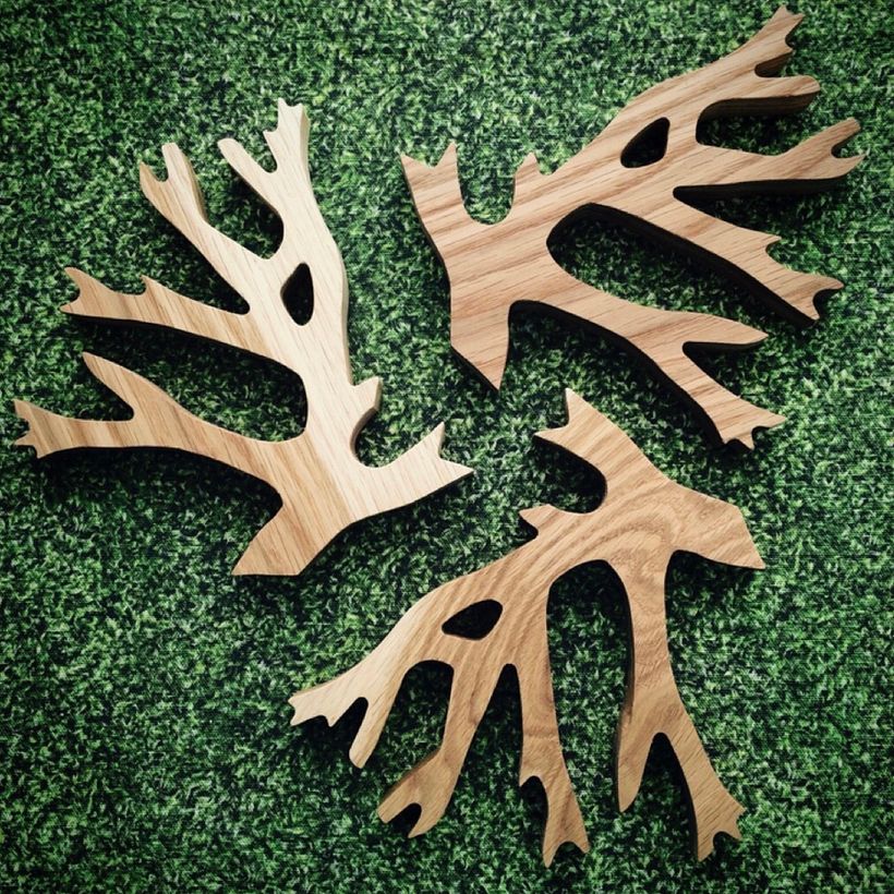 bases de carvalho em forma de líquen de rena sobre uma toalha de mesa com padrão de musgo lanoso
