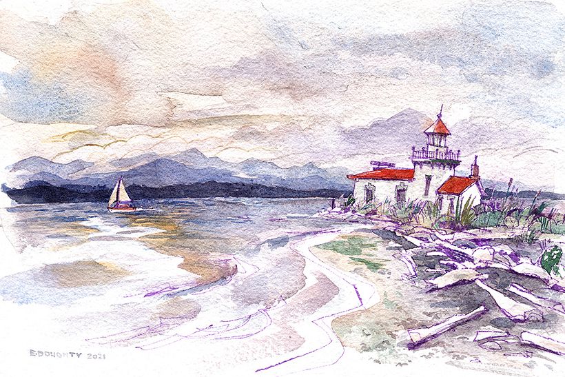 Discovery Park -- a coastal park in Seattle with a view of the Olympic Mountains.